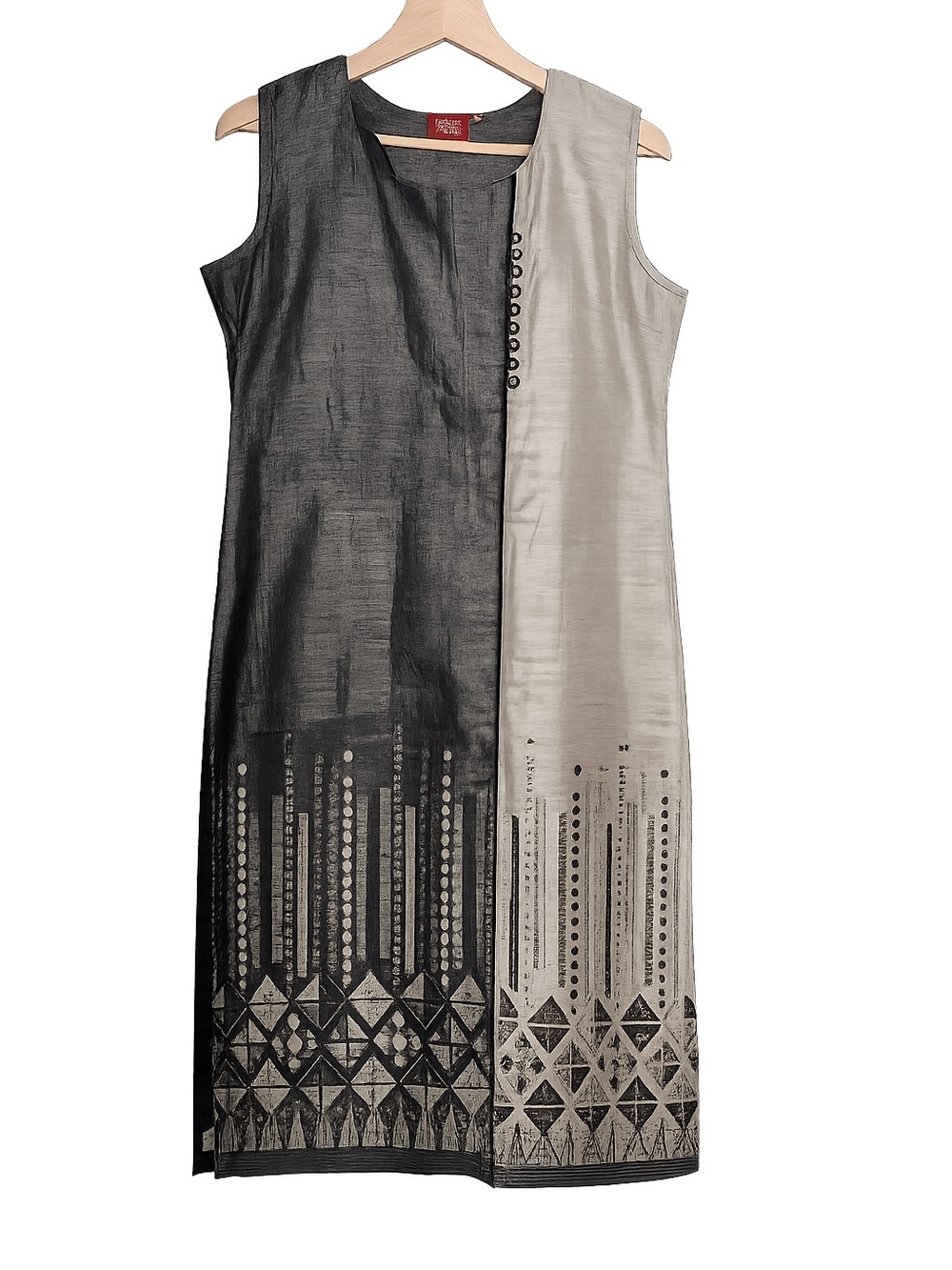 Sakshi Sleeveless Black & Taupe Patchwork Tunic Top | Boho Art-to-Wear - Picture 2 of 11